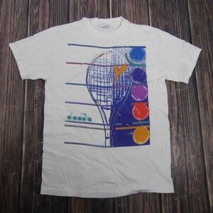 Vintage Diadora Shirt Mens Large White Tennis Graphic Made USA 80s Tee